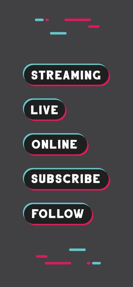 Tiktok social media call to action buttons. Streaming live online, follow, like and subscribe. vector