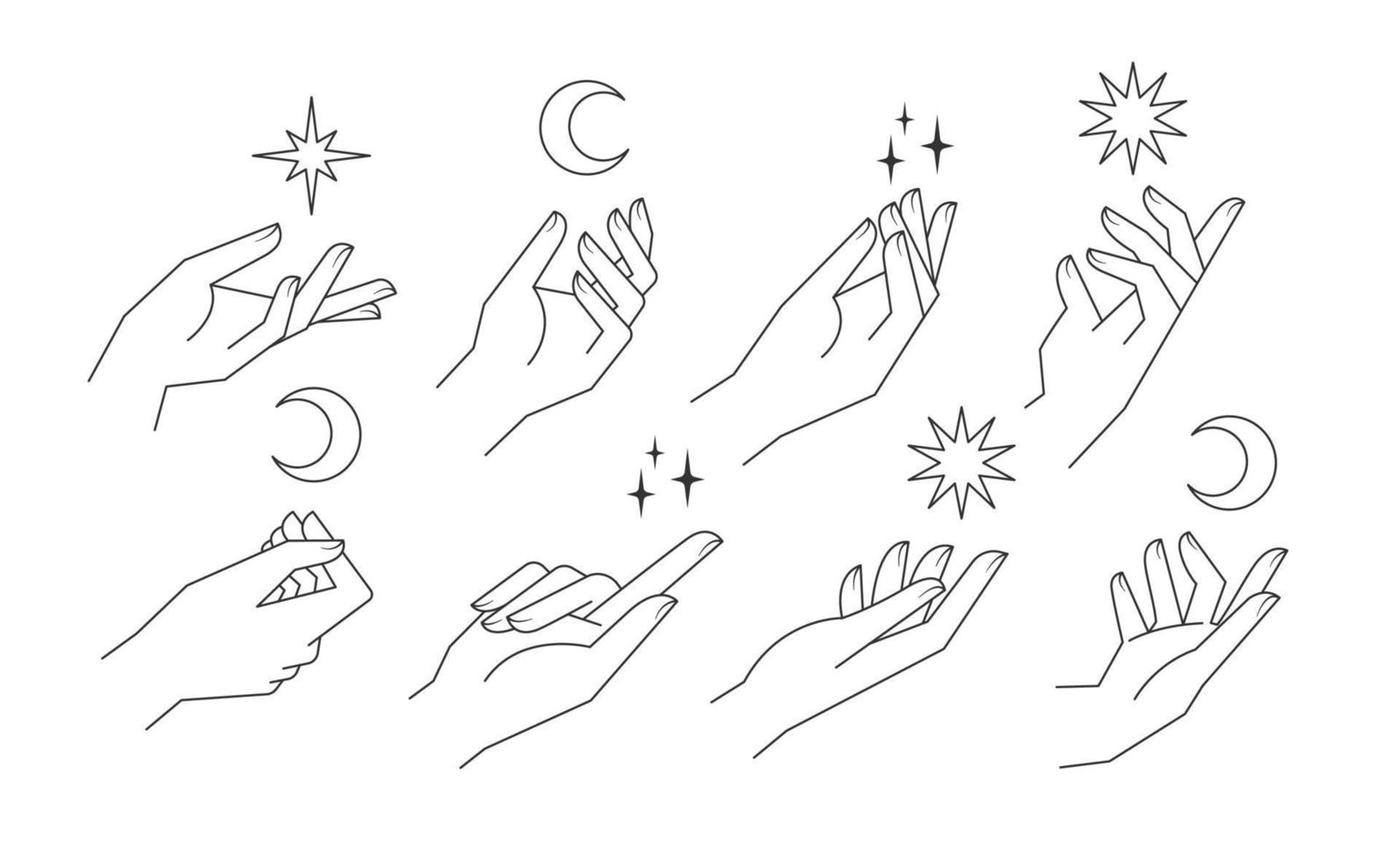 Aesthetic hands vector linear illustrations. Stylized elegant hand drawings with different gestures.