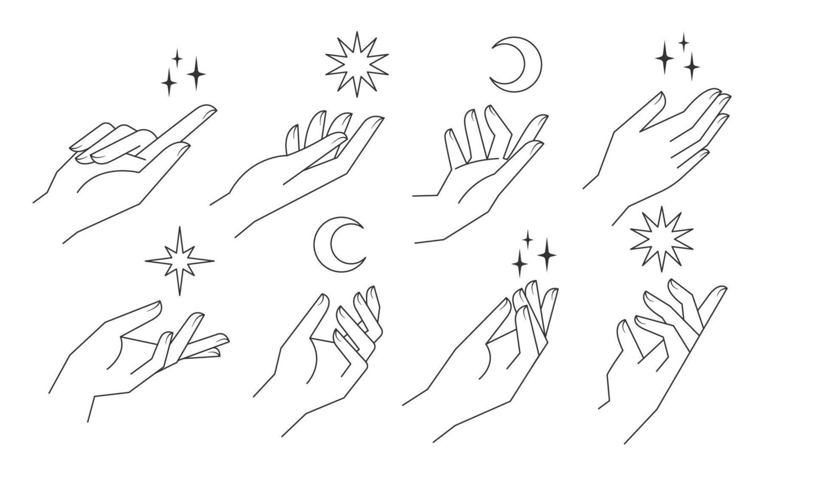 Aesthetic hands vector linear illustrations. Stylized elegant hand drawings with different gestures.