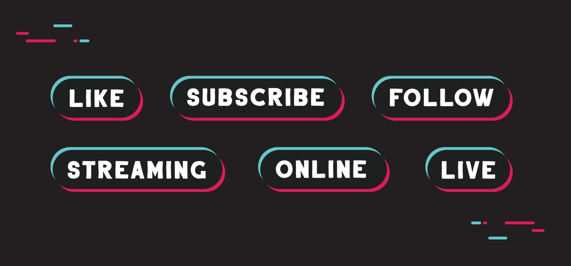 Tiktok social media call to action buttons. Streaming live online, follow, like and subscribe. vector