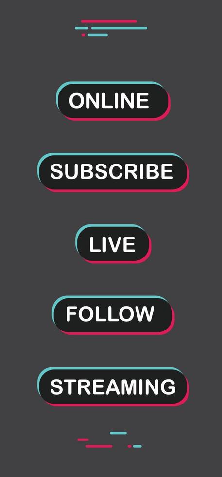 Tiktok social media call to action buttons. Streaming live online, follow, like and subscribe. vector