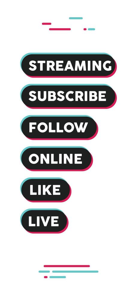 Tiktok social media call to action buttons. Streaming live online, follow, like and subscribe. vector