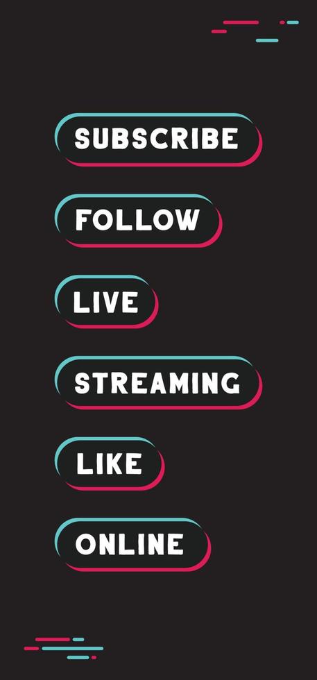 Tiktok social media call to action buttons. Streaming live online, follow, like and subscribe. vector