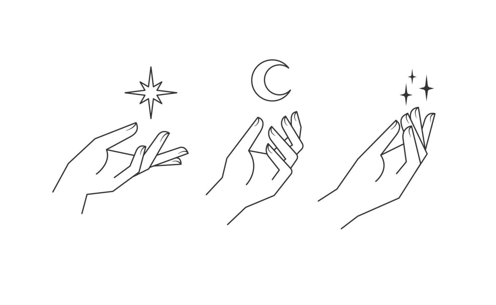 Aesthetic hands vector linear illustrations. Stylized elegant hand drawings with different gestures.