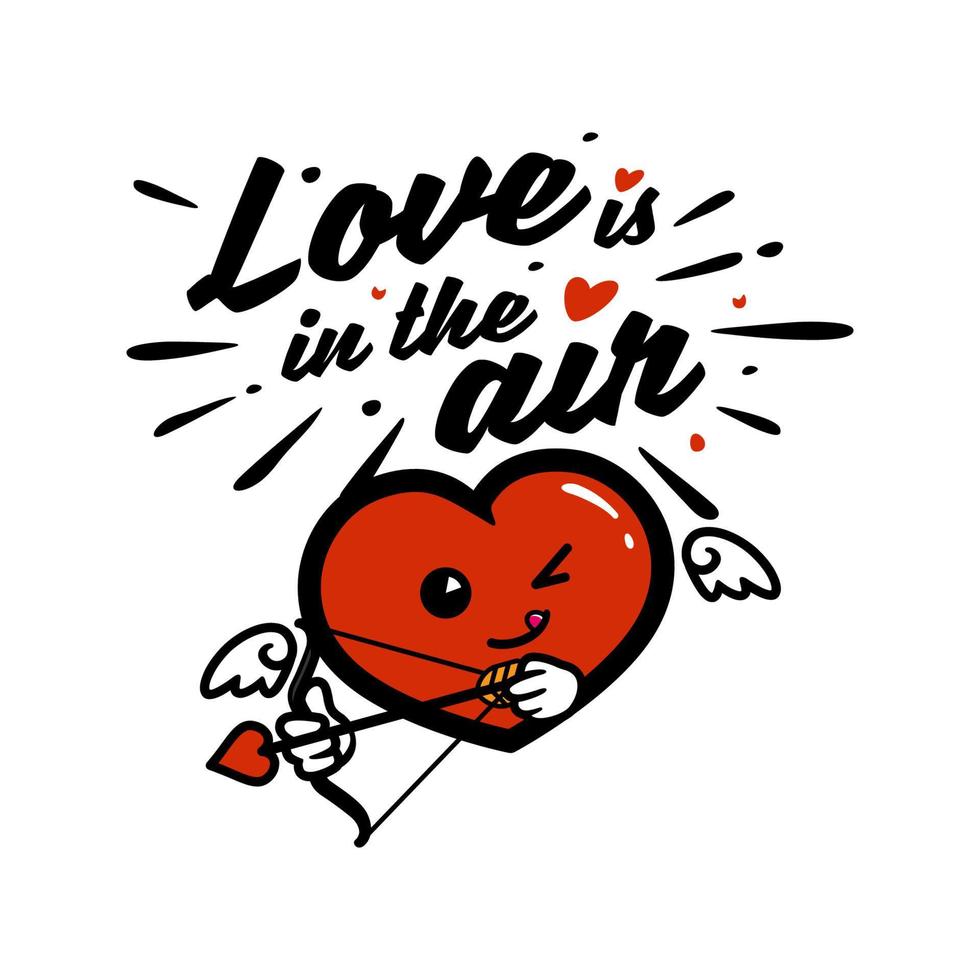 Cute heart cartoon character holding bow with valentine message quotes, love is in the air. vector