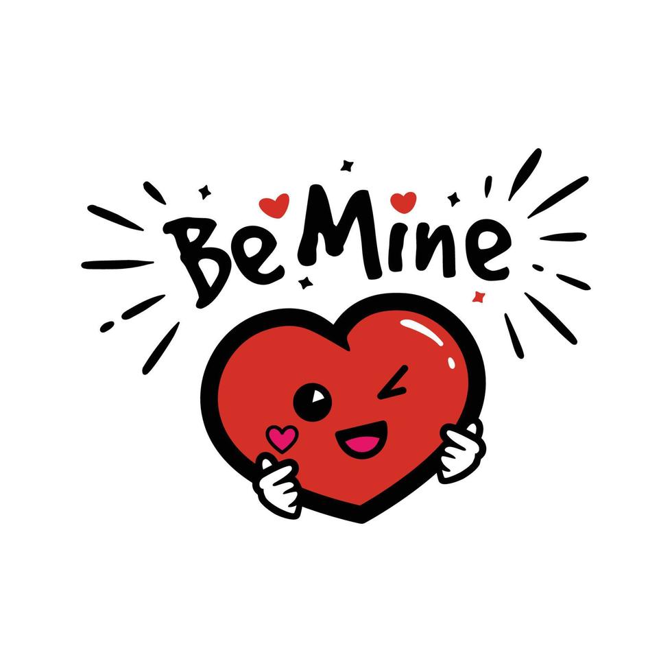 Cute heart cartoon character with love hand signs and valentine message quotes, be mine vector