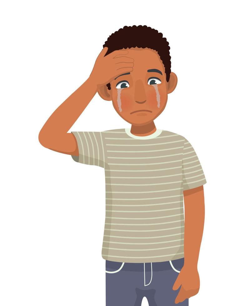 Young African man feeling sad, crying, broken heart, upset, tired and bored with hand on his forehead vector