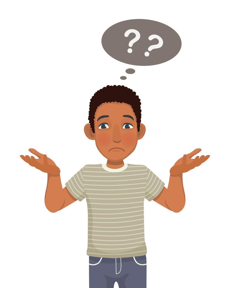 young African man feeling confused, doubt and clueless showing I have no idea gesture, shrugging shoulders and raising hands with puzzled facial expression vector