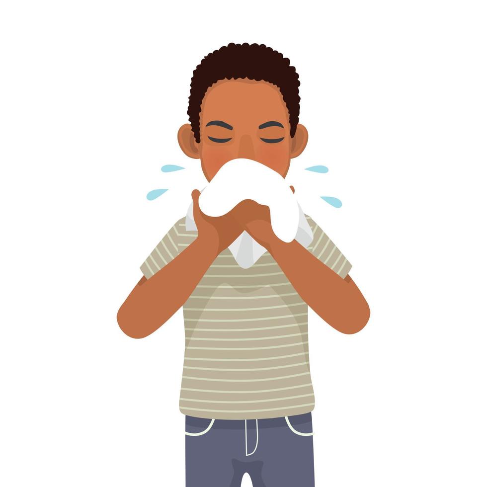 Young African man with runny nose holding a handkerchief or tissue sneezing and blowing because of fever, cold, flu, allergy, virus infection vector