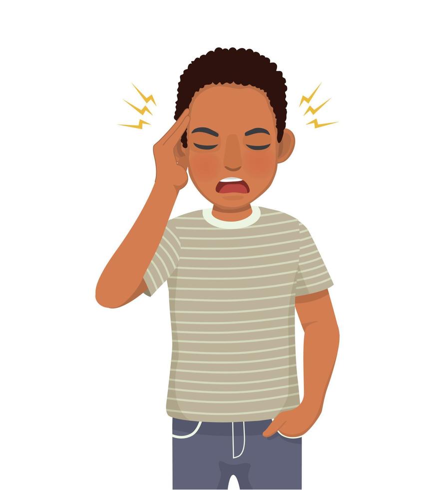 young African man having a headache with hand squeezing his head because of stress, migraine, and having worries or anxiety problems vector