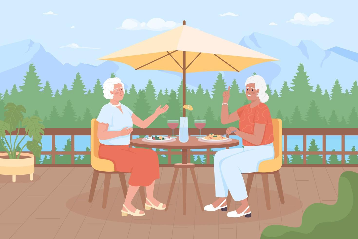 mujeres mayores que pasan tiempo en la ilustración de vector de color plano de resort de montaña. amigos mayores cenando. personajes de dibujos animados simples en 2d totalmente editables con montañas y bosques de abetos en el fondo