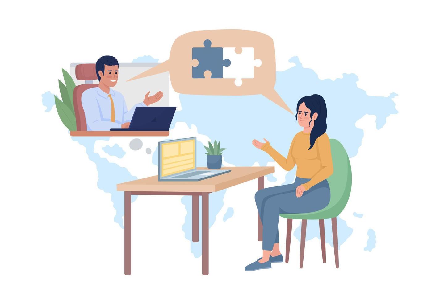 Virtual meeting 2D vector isolated illustration. Female employee working from home efficiently flat characters on cartoon background. Colorful editable scene for mobile, website, presentation