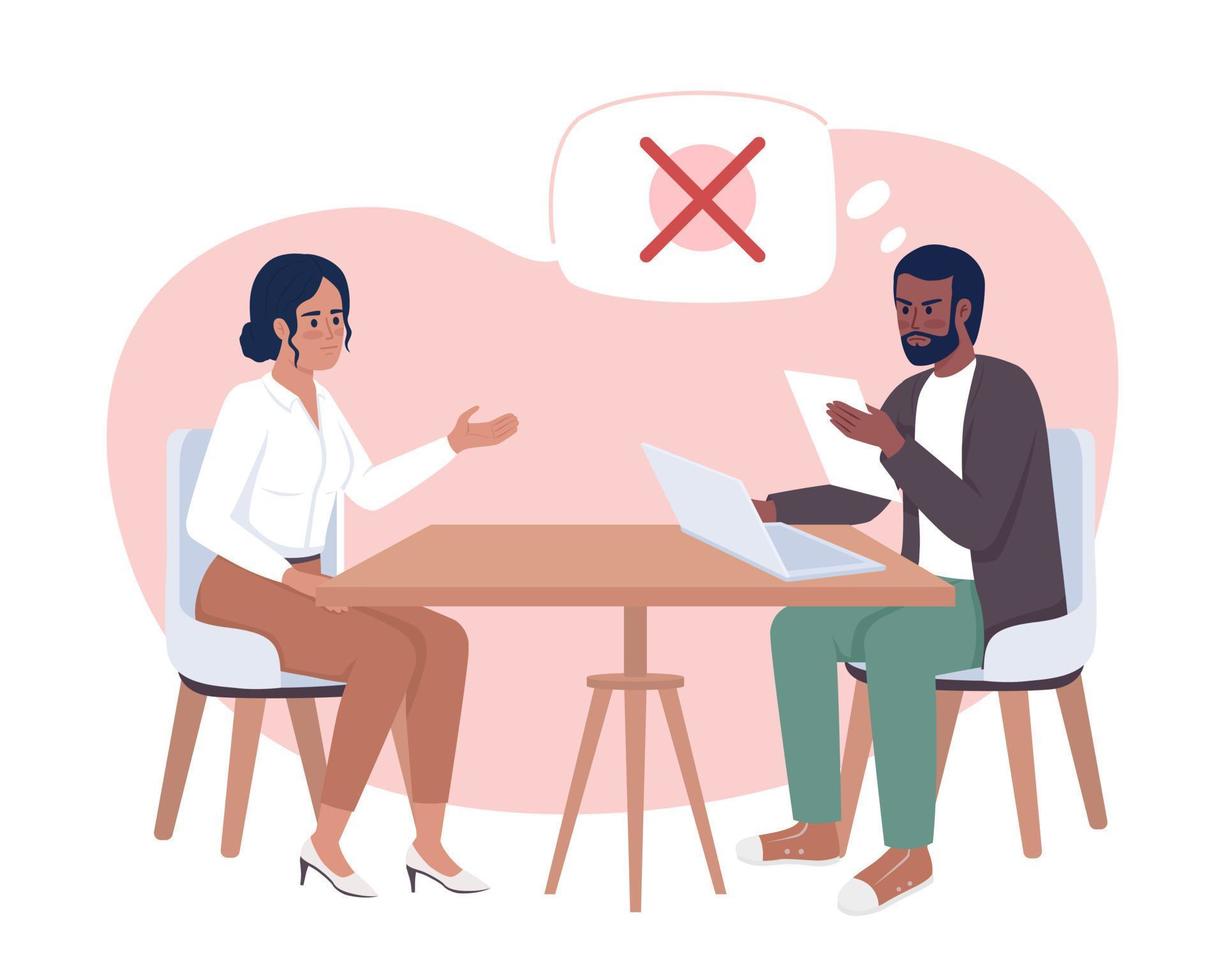 Interview with job candidate 2D vector isolated illustration. Recruiter displeased with applicant CV flat characters on cartoon background. Colorful editable scene for mobile, website, presentation