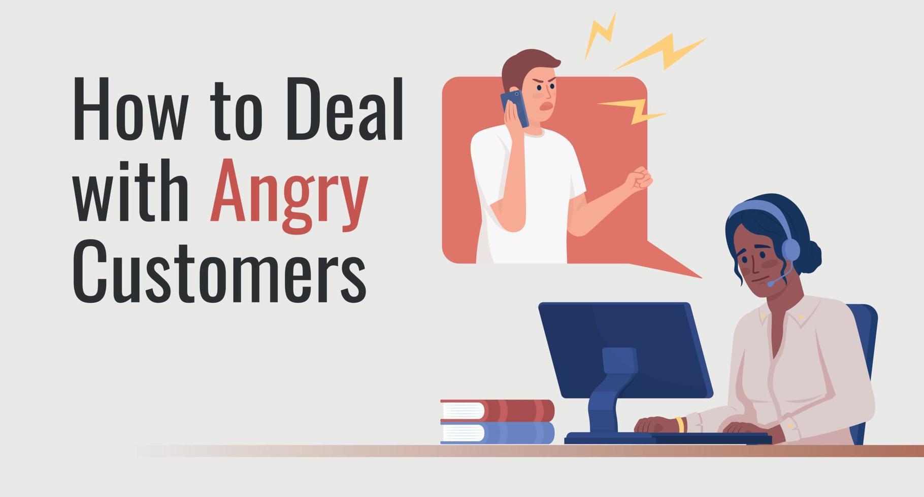 Dealing with angry customers flat vector banner template. Handle difficult clients in call center poster, leaflet printable color designs. Editable flyer page with text space