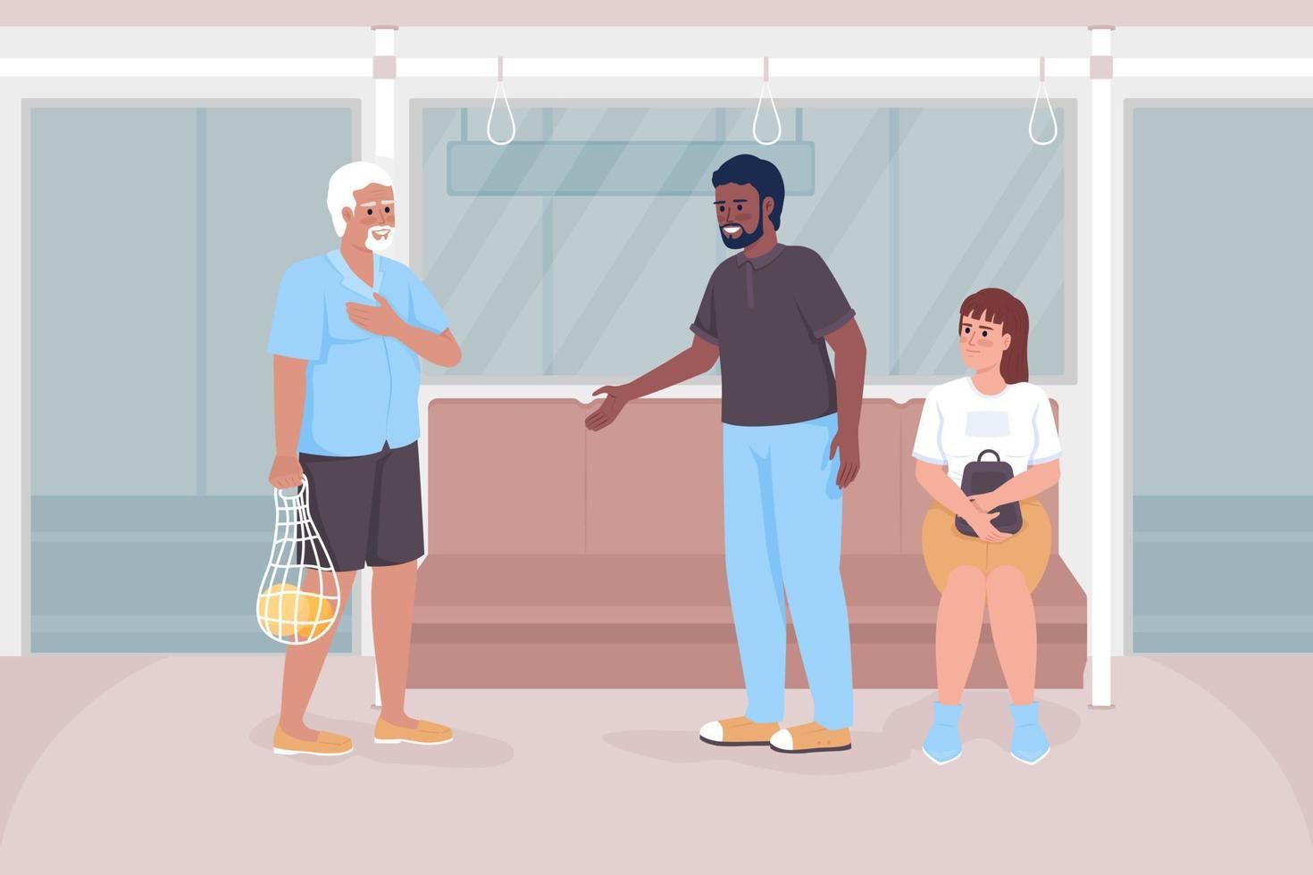 Good manners on public transport flat color vector illustration. Man giving up seat to elderly male citizen. Fully editable 2D simple cartoon characters with train, bus interior on background