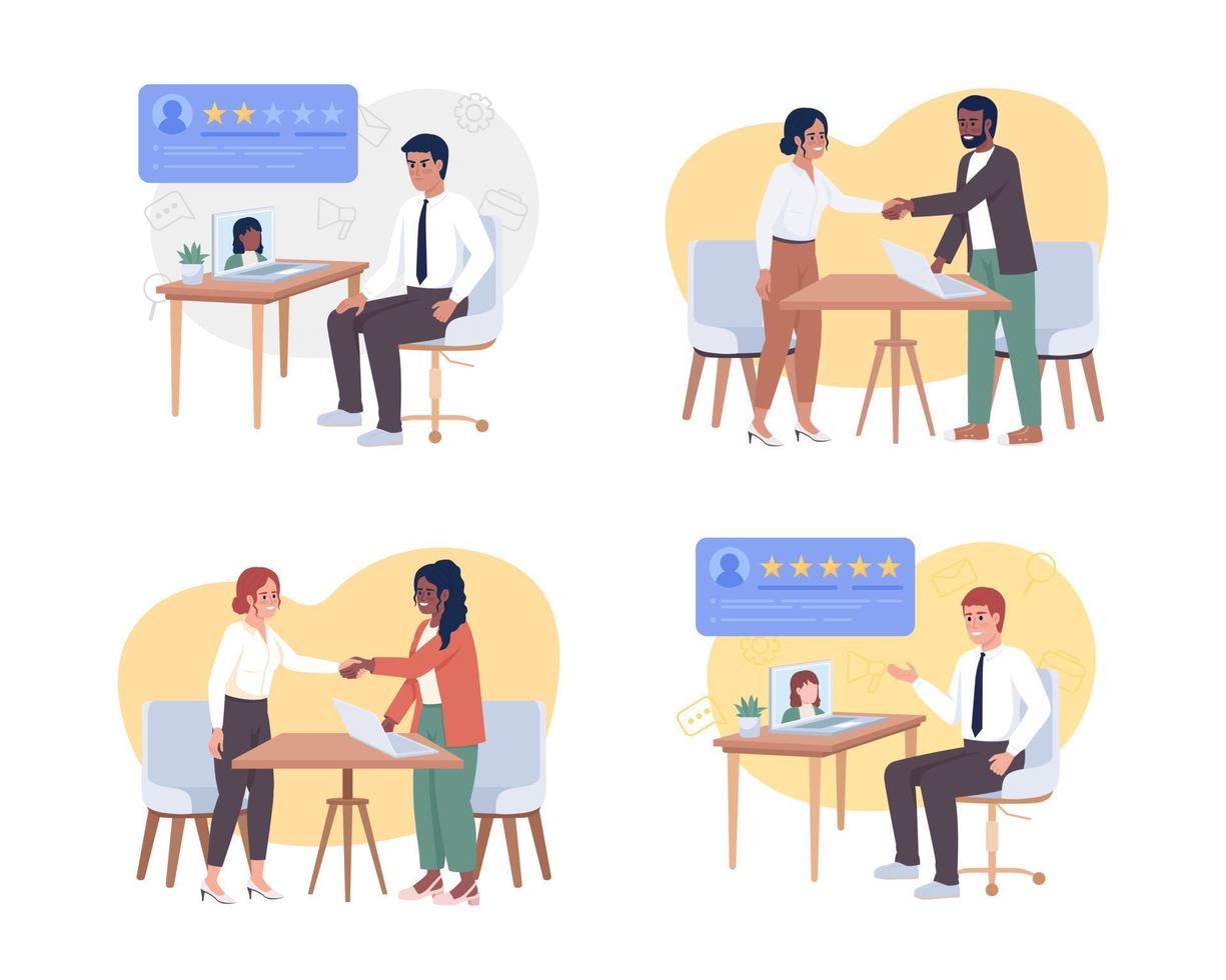 Conducting job interview 2D vector isolated illustration set. Headhunters and applicants flat characters on cartoon background. Colorful editable scenes pack for mobile, website, presentation