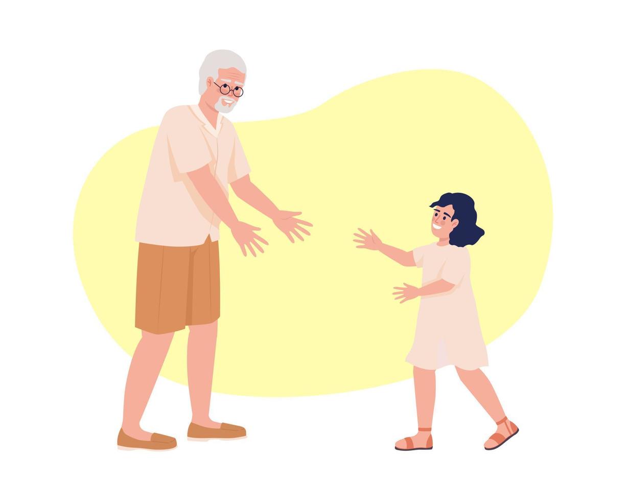 Good relationship with grandfather 2D vector isolated illustration. Grandpa extending hands to girl flat characters on cartoon background. Colorful editable scene for mobile, website, presentation