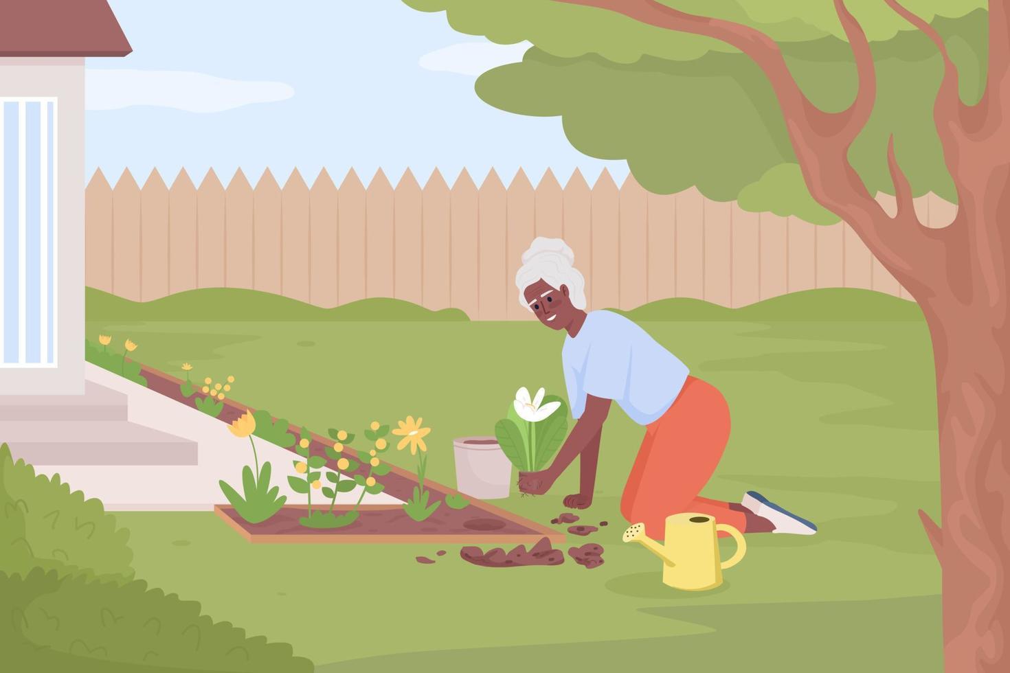 Enjoy gardening activity flat color vector illustration. Senior woman planting flowers in front yard. Fully editable 2D simple cartoon character with green landscape and home fence on background
