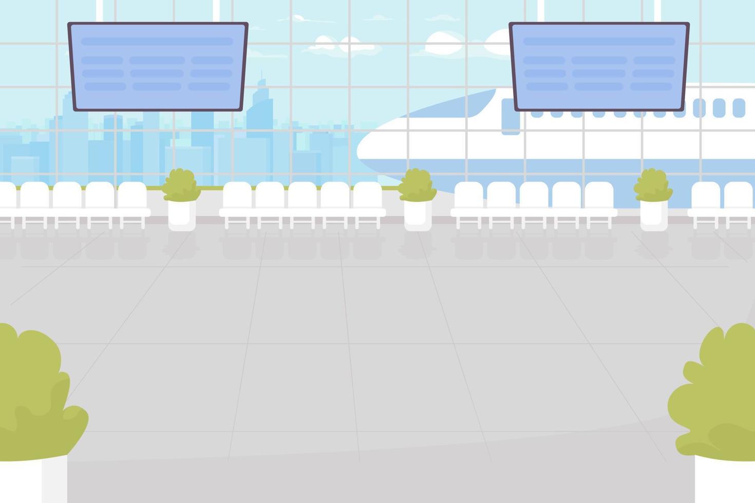 Ilustración de vector de color plano de terminal de aeropuerto. área de espera para pasajeros. sala de espera. viaje de vacaciones. interior de dibujos animados simples en 2d completamente editable con ventanas grandes y avión en el fondo