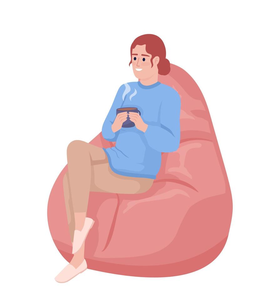 Woman with mug sitting on bean bag semi flat color vector character. Break time. Editable figure. Full body person on white. Simple cartoon style illustration for web graphic design and animation