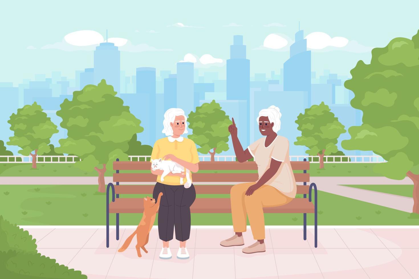 Friendship in late adulthood flat color vector illustration. Older women talking and playing with cats. Fully editable 2D simple cartoon characters with public green space, skyscrapers on background