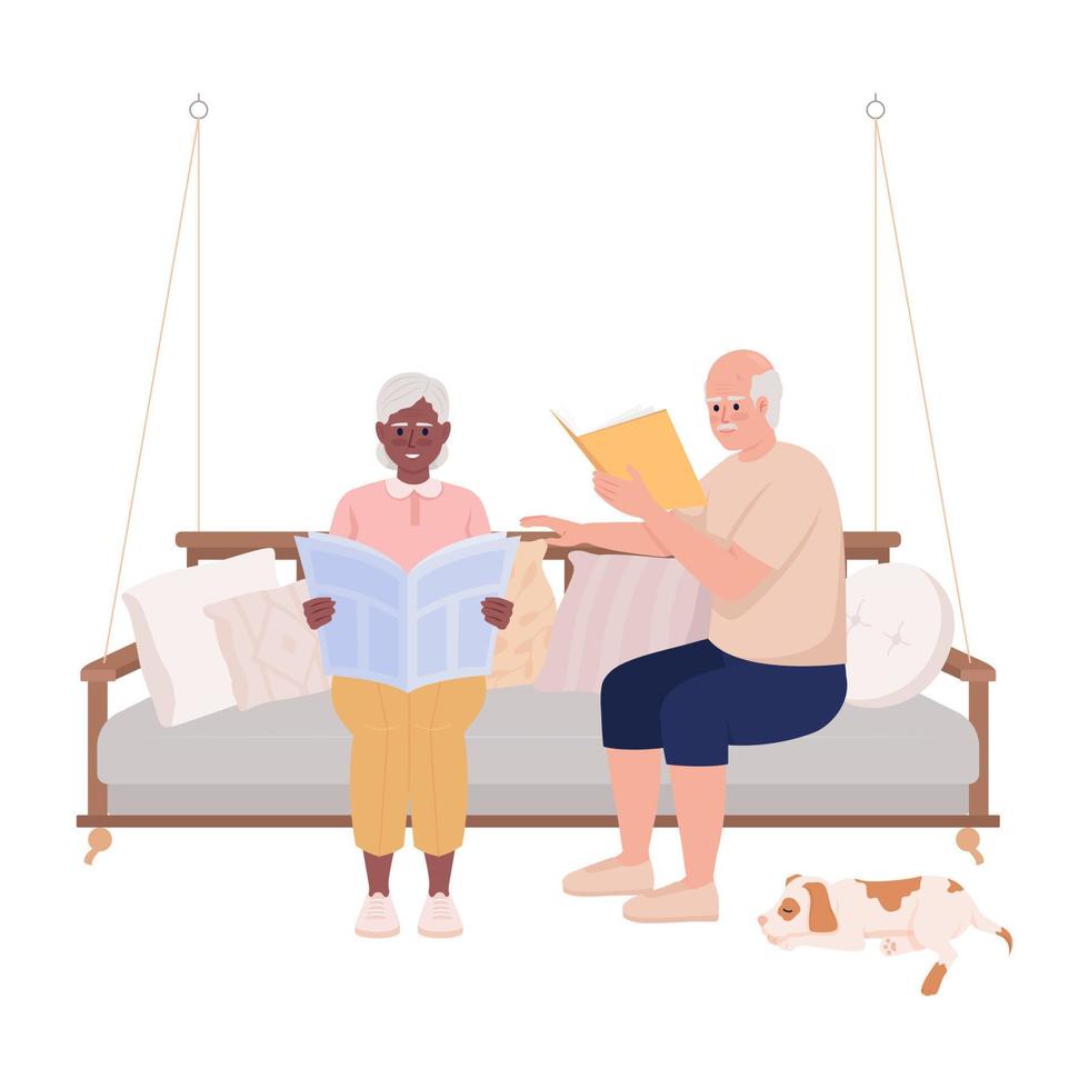 pareja de ancianos sentada en columpio y relajantes personajes vectoriales de color semiplano. figuras editables. personas de cuerpo completo en blanco. ilustración de estilo de dibujos animados simple para diseño gráfico web y animación vector