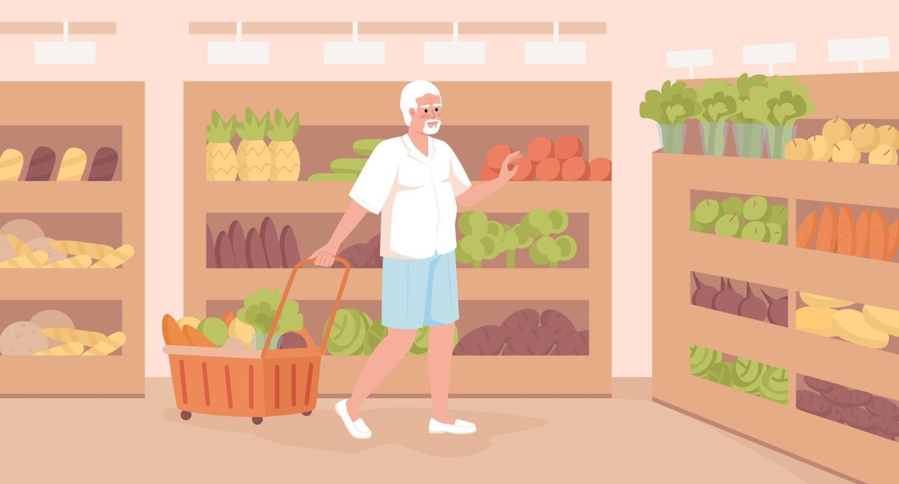 Pensioner purchasing veggies at supermarket flat color vector illustration. Senior man with shopping trolley. Fully editable 2D simple cartoon character with wooden shelves on background