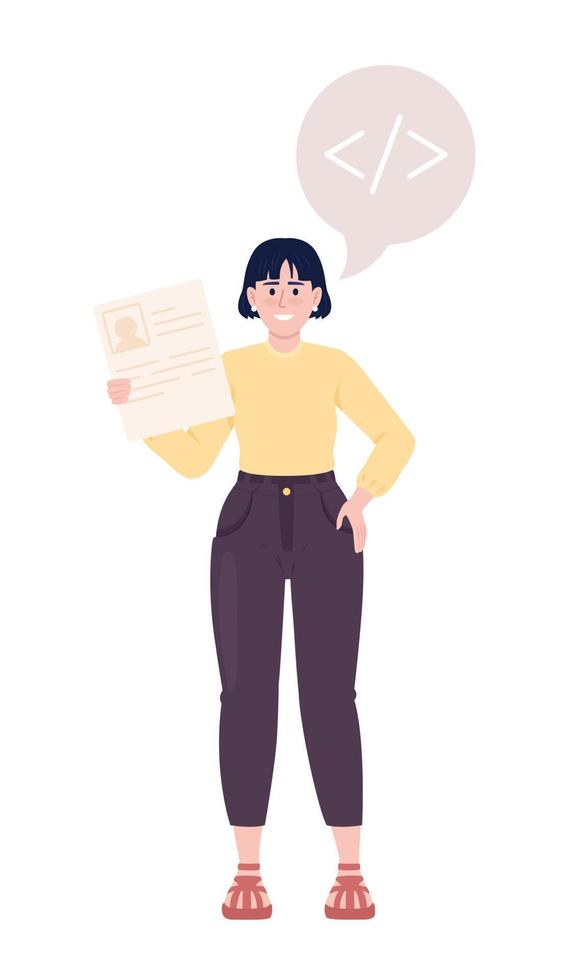 Female job applicant with programming experience semi flat color vector character. Editable figure. Full body person on white. Simple cartoon style illustration for web graphic design and animation