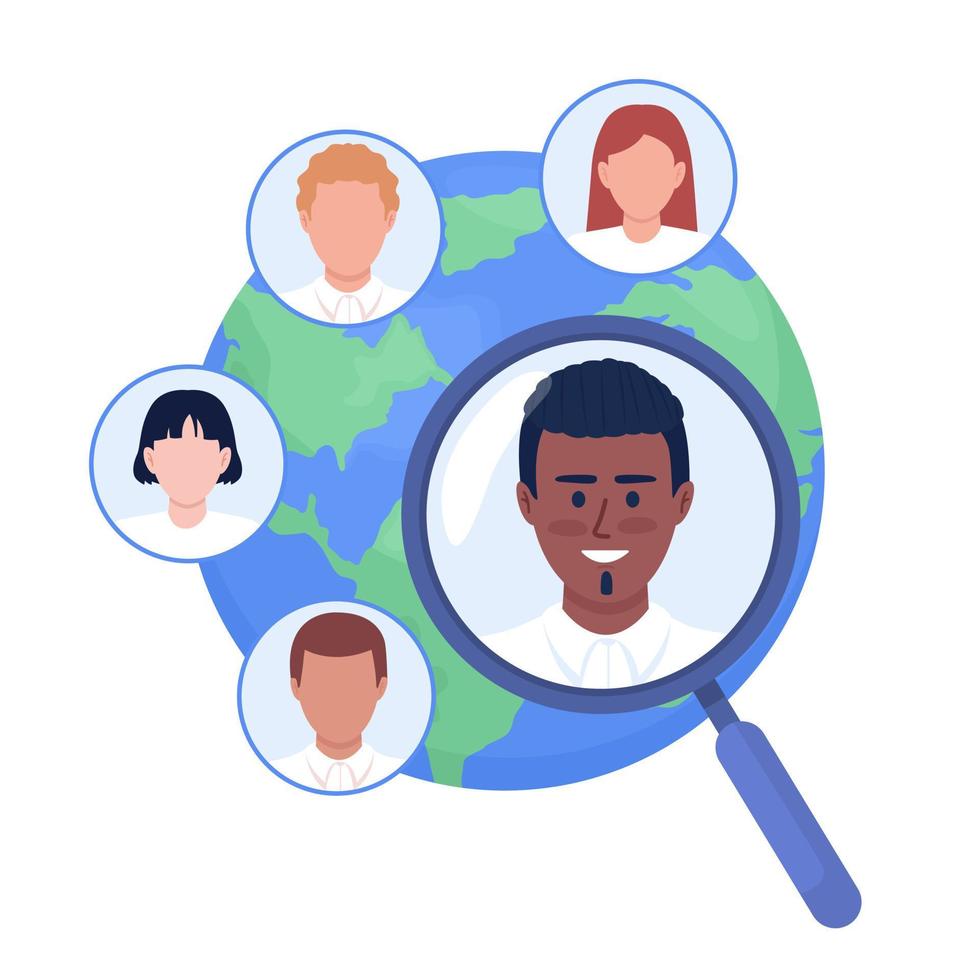 Searching employees around world semi flat color vector concept. Editable characters. Avatars with people faces on white. Simple cartoon style illustration for web graphic design and animation