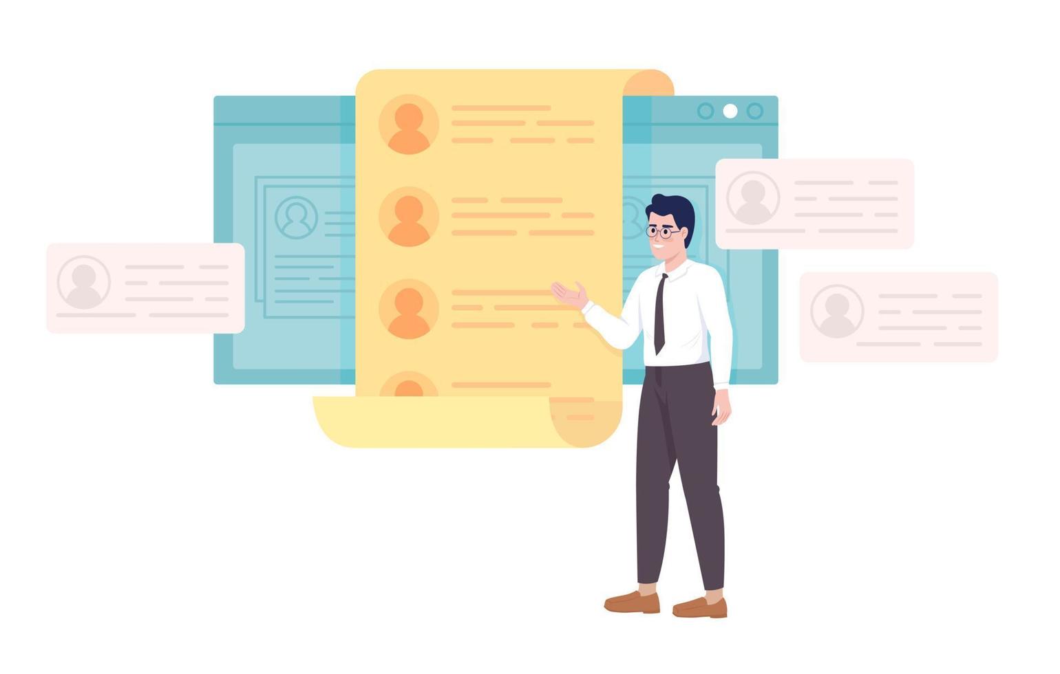 HR manager presenting job applicant resumes semi flat color vector character. Editable concept. Full body person on white. Simple cartoon style illustration for web graphic design and animation
