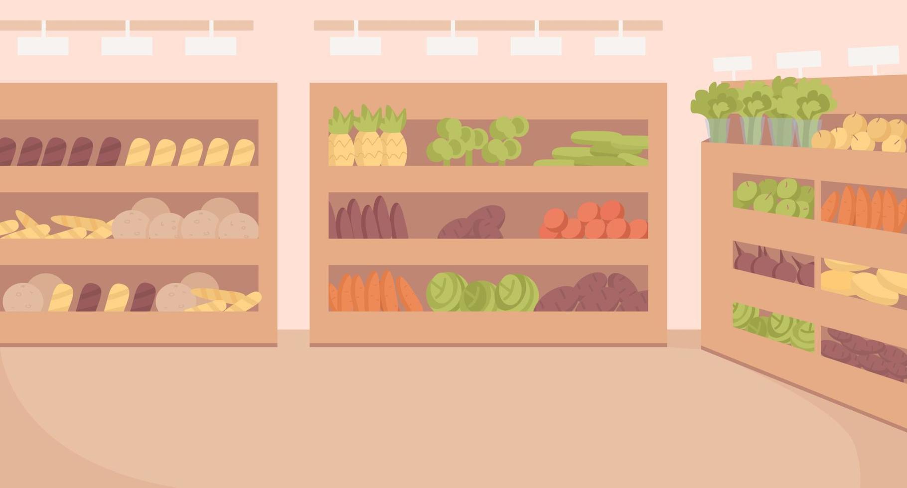 Grocery store flat color vector illustration. Supermarket sections. Retail business. Fully editable 2D simple cartoon interior with wooden shelves with vegetables and bread on background