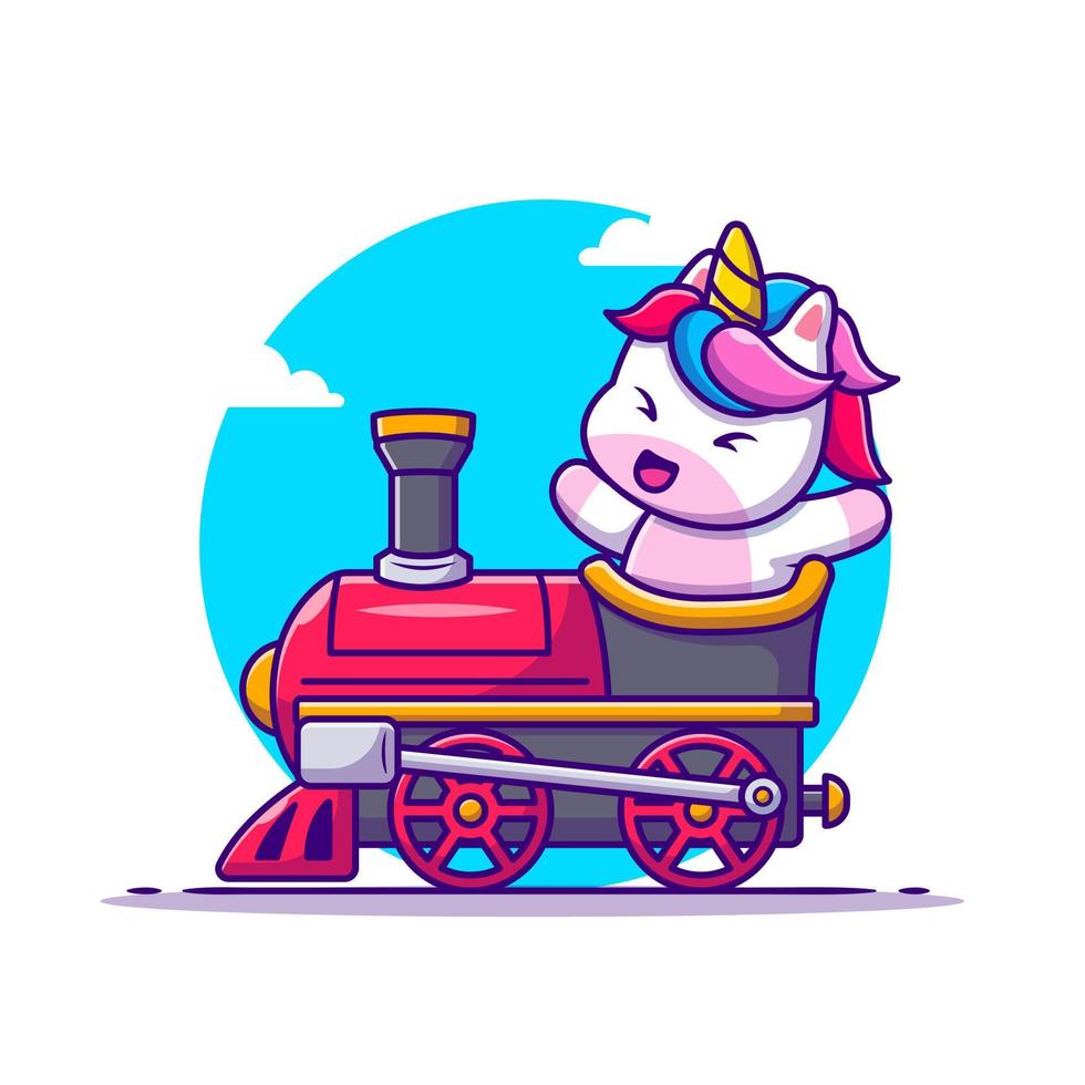 lindo paseo de unicornio en la ilustración de icono de vector de dibujos animados de tren. concepto de icono de transporte de animales vector premium aislado. estilo de dibujos animados plana