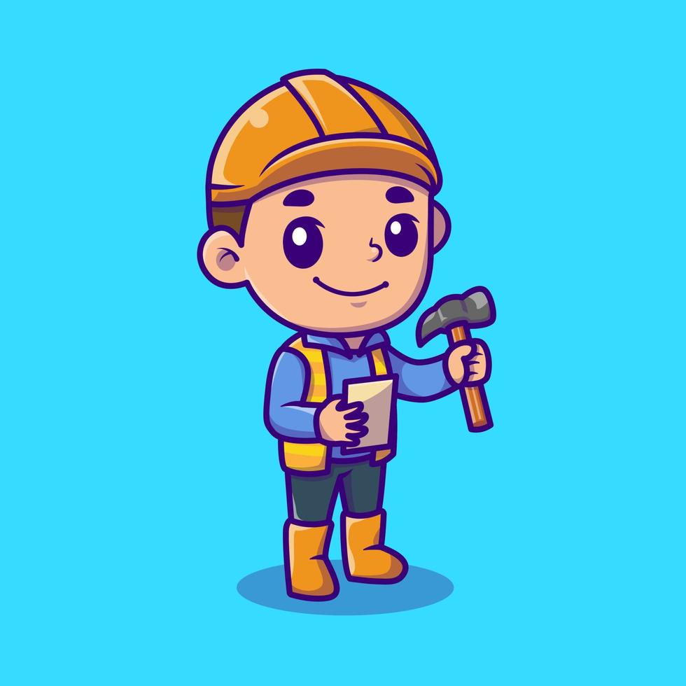 Cute Architect Holding Hammer Cartoon Vector Icon Illustration. People  Profession Icon Concept Isolated Premium Vector. Flat Cartoon Style