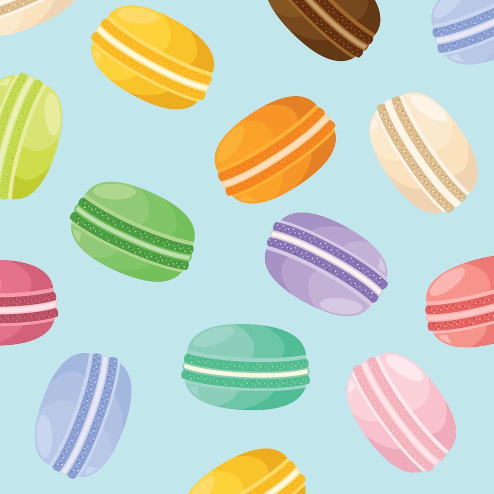 Dessert french macaroons or macaron. Seamless vector pattern for paper, wrapping, fabrics. cartoon flat design illustration art pastel colors on colorful background.