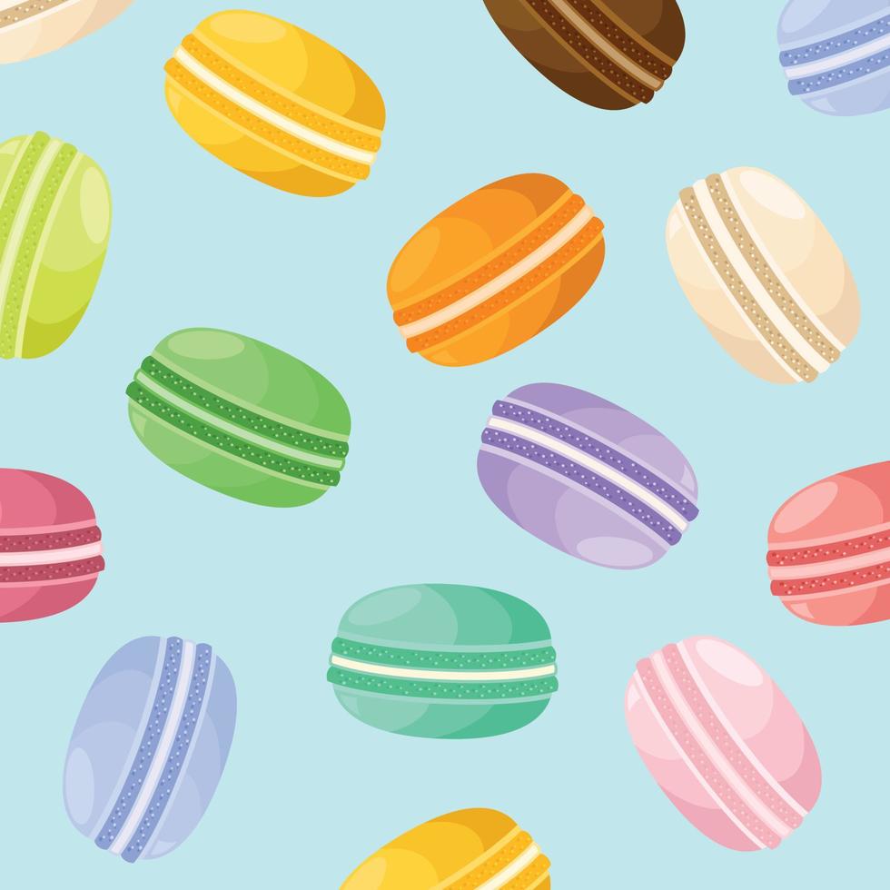 postre macarons franceses o macaron. patrón de vector transparente para papel, envoltura, telas. dibujos animados diseño plano ilustración arte colores pastel sobre fondo colorido.