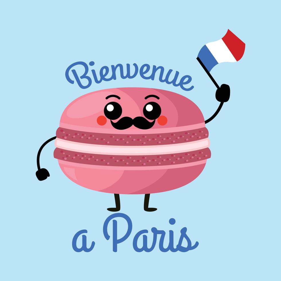 Bienvenido a París, ilustración de dibujos animados lindos macarrones, diseño de ilustración vectorial plana aislado en el fondo. diseño de tarjeta de felicitación vector