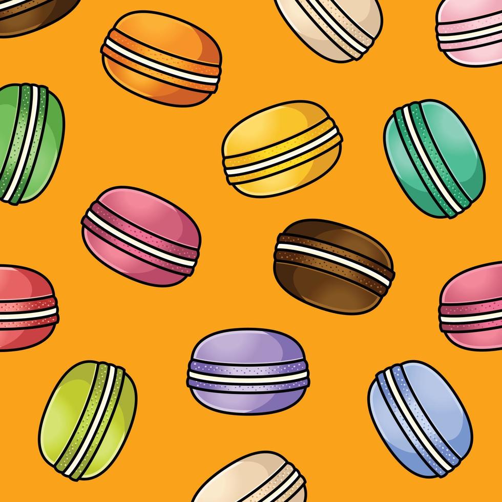 postre macarons franceses o macaron. patrón de vector transparente para papel, envoltura, telas. dibujos animados diseño plano ilustración arte colores pastel sobre fondo colorido.