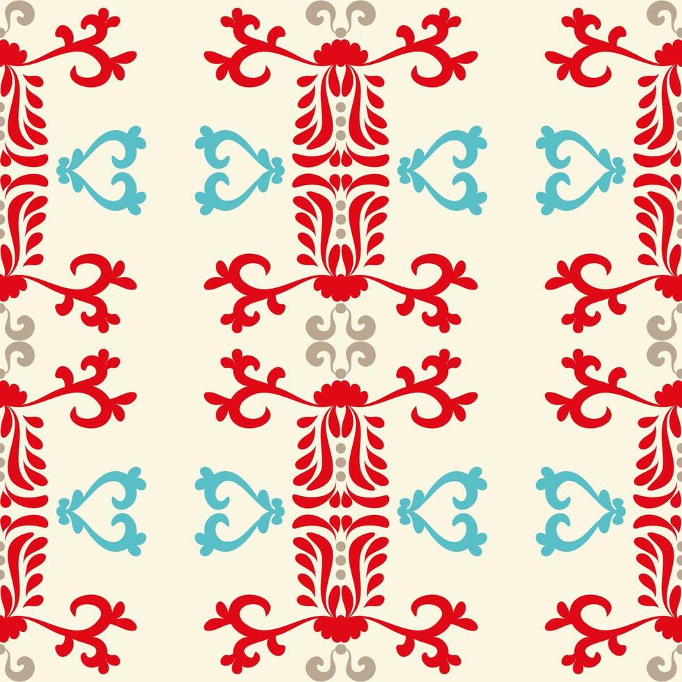 Christmas background with ornaments, seamless patterns. Red blue pattern on beige background. Red, blue, beige. Seamless vector pattern. For fabric, wallpaper, textile, packaging.