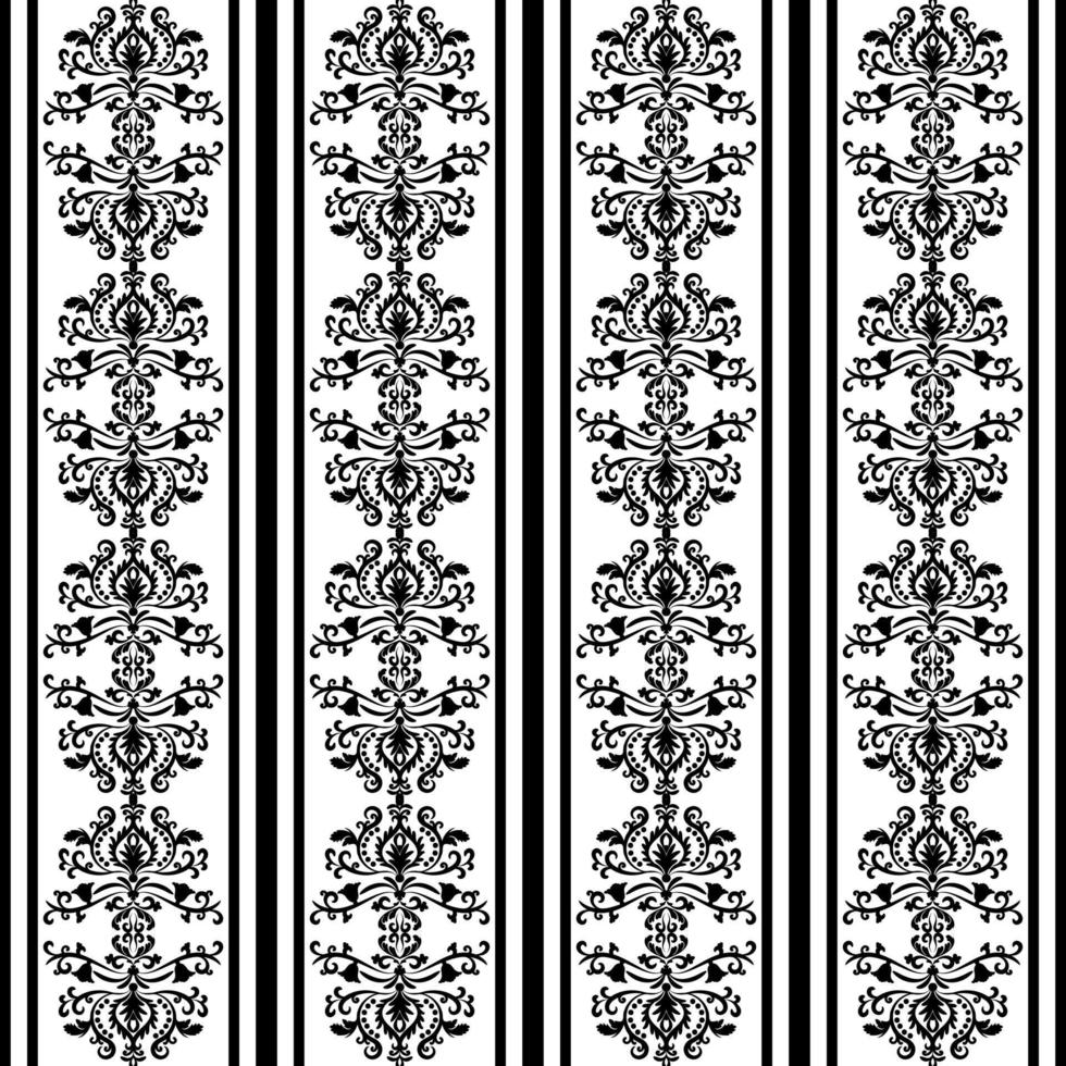 Black and white vintage wallpaper with stripes and vintage ornaments. Seamless abstract damask background with vintage elements. Black and white. For fabric, wallpaper, tiles or packaging. vector