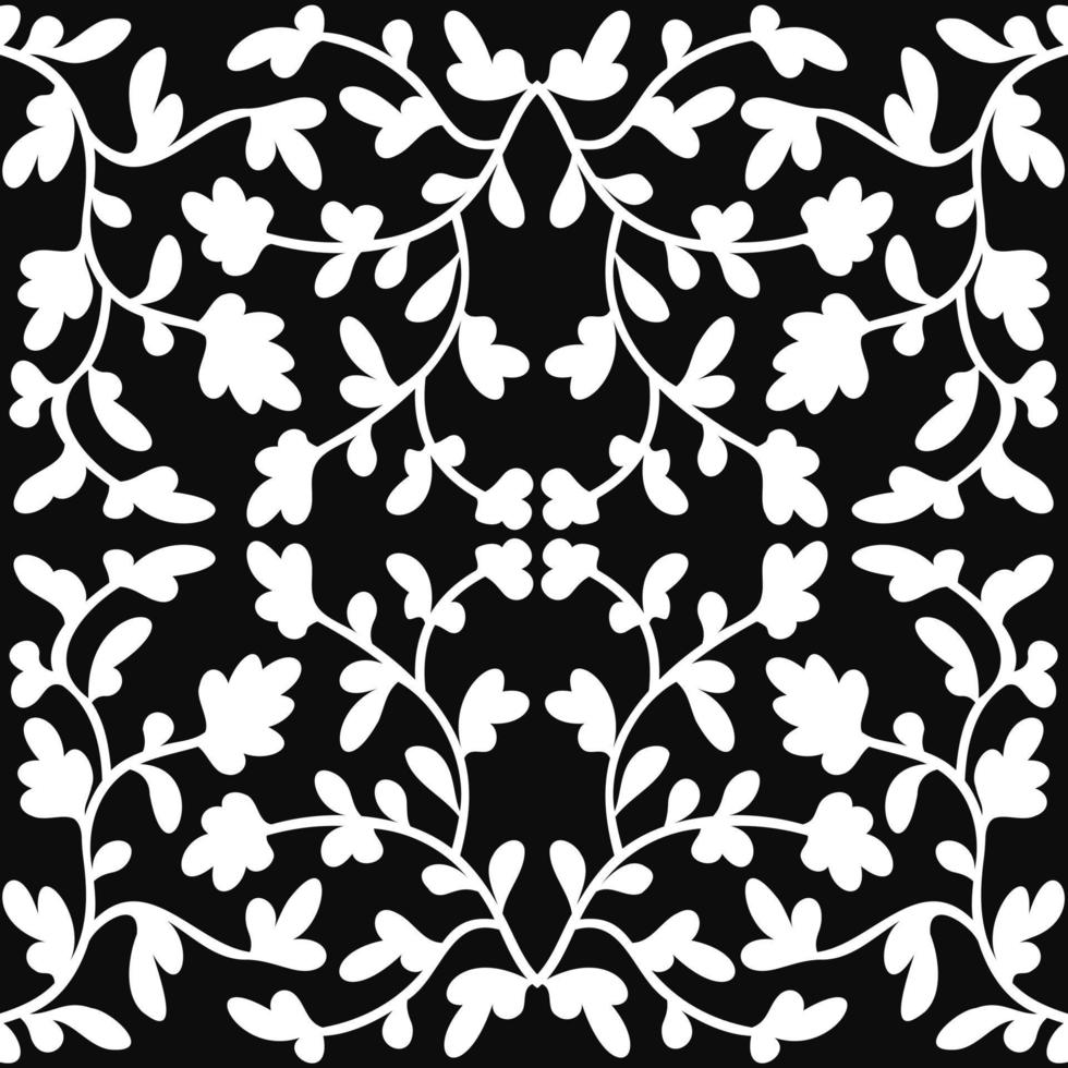 Vintage abstract seamless pattern with white leaves on black background. For fabric design. Background, wallpaper, wrapping paper. Vector seamless pattern. Vintage, retro design.