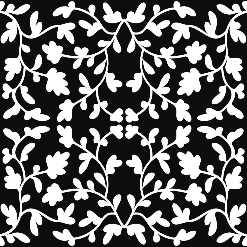 Vintage abstract seamless pattern with white leaves on black background. For fabric design. Background, wallpaper, wrapping paper. Vector seamless pattern. Vintage, retro design.