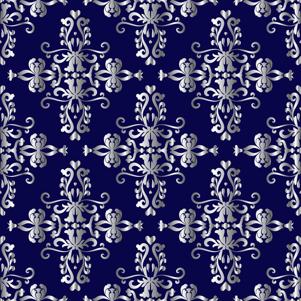 patrón victoriano plateado sobre fondo azul marino. adorno barroco sin costuras. color azul y plata. vector