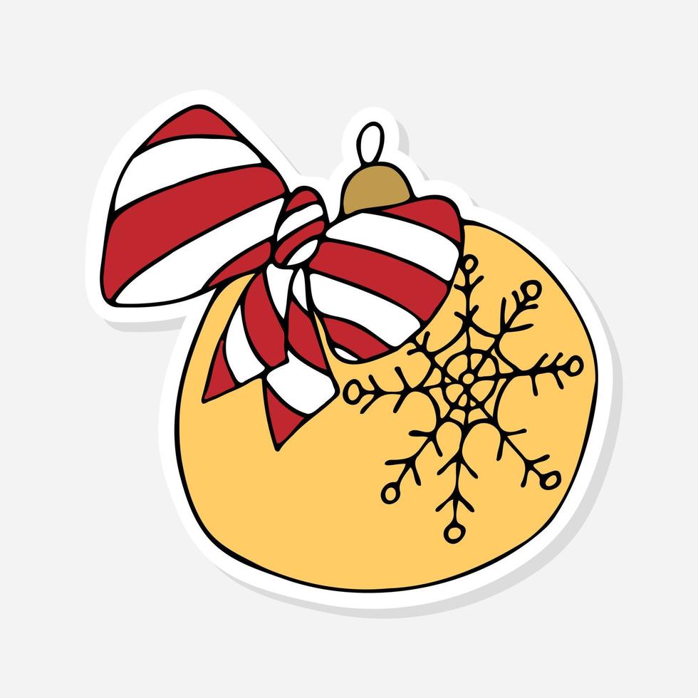 Cartoon christmas ball sticker doodle for celebration decoration design. Christmas sticker in cartoon style. Doodle vector illustration. Isolated object. New year illustration.