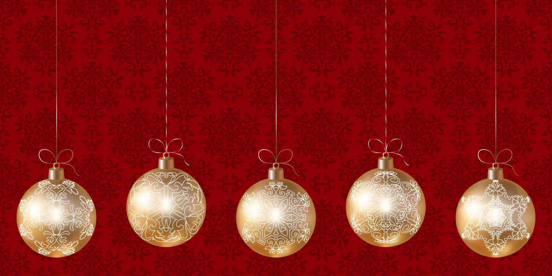 Set of hanging gold Christmas tree balls on red background. Festive New Year or Christmas background with Christmas tree toys and space for text. Red and gold color. Vector. Modern background design. vector