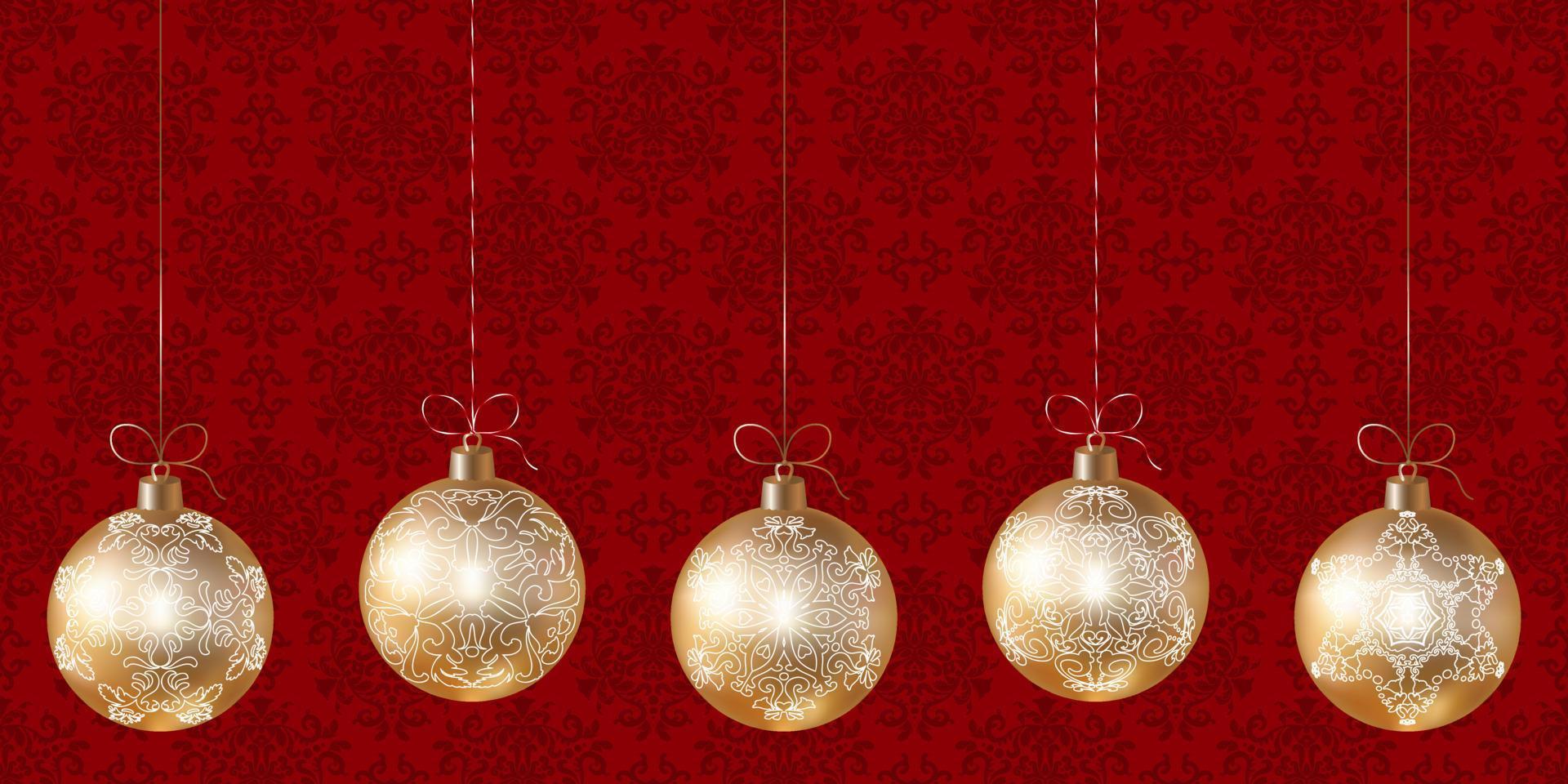 juego de bolas de árbol de navidad de oro colgantes sobre fondo rojo. fondo festivo de año nuevo o navidad con juguetes de árbol de navidad y espacio para texto. color rojo y dorado. vector. diseño de fondo moderno. vector