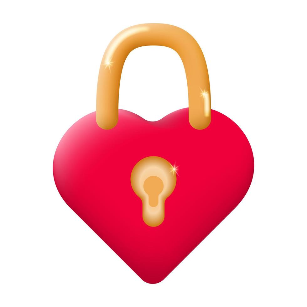 Closed heart in the shape of a padlock. Symbol of love Happy Valentines Day. Red lock heart 3d isolated on white background. Vector illustration.