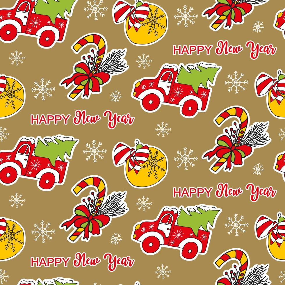 Cute New Years Eve pattern with Christmas toys, Christmas tree, candy and snowflakes. Seamless vector background. Seamless New Year template.