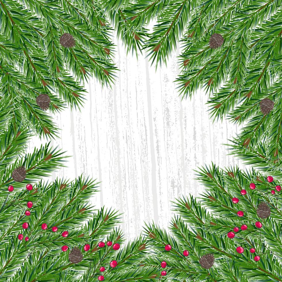 Abstract blank card with green spruce branches, holly berries and cones. Background for celebration design, advertisement or invitation card. Vector illustration. Christmas or New Year.