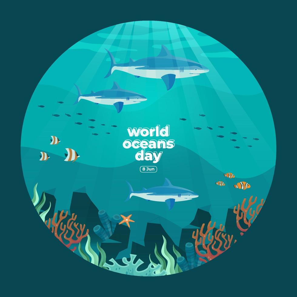 World oceans day 8 June. Save our ocean. Sharks and fish were swimming underwater with beautiful coral and seaweed background vector illustration.