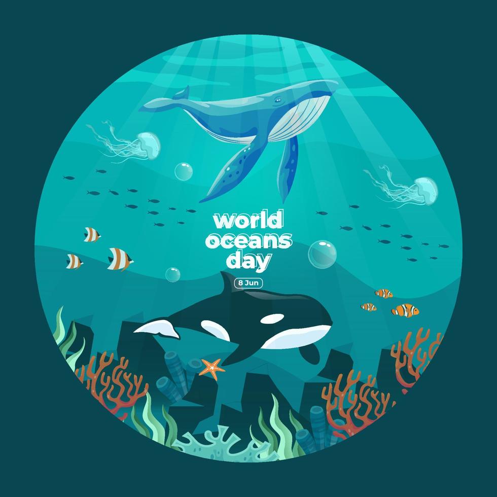 World oceans day 8 June. Save our ocean. Large whale and fish were swimming underwater with beautiful coral and seaweed background vector illustration.